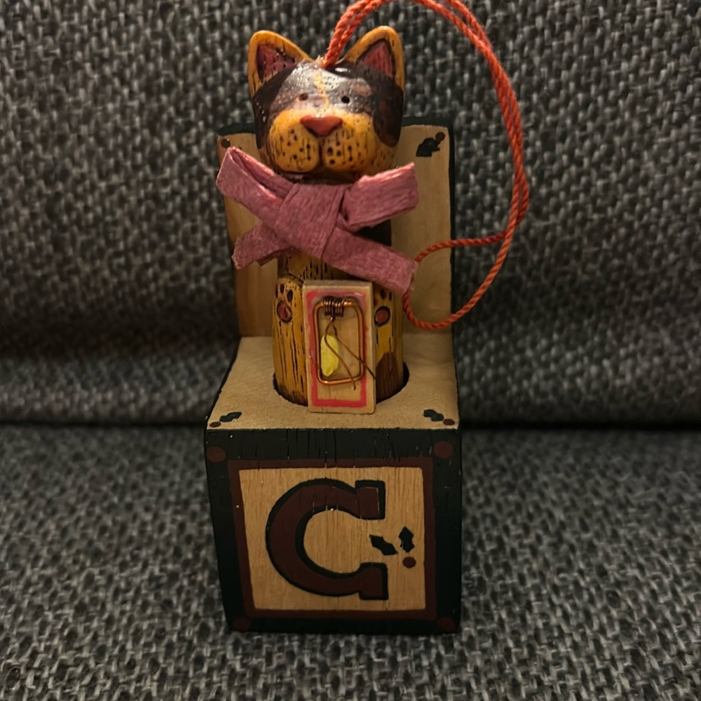 Vintage C is for Cat Christmas wood ornament mouse trap for Kurts Adler inc